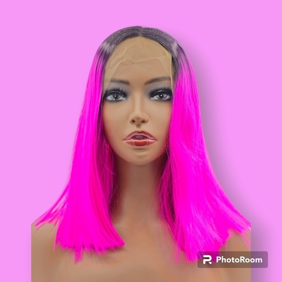 Hot Pink Fuchsia & Dark Root Blunt Straight Lace Front Wig - Picture 1 of 9